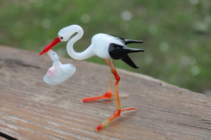 Stork with Baby Bundle Figurine Blown Glass Shower Gift The stork brings the baby Stork with Baby Bundle Sculpture Glass Stork
