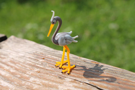 Elegant Gray Glass Heron Figurine - Handmade Murano Bird Art 5cm