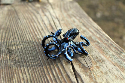 Miniature Glass Octopus Figurine - Black With Blue Dots Design