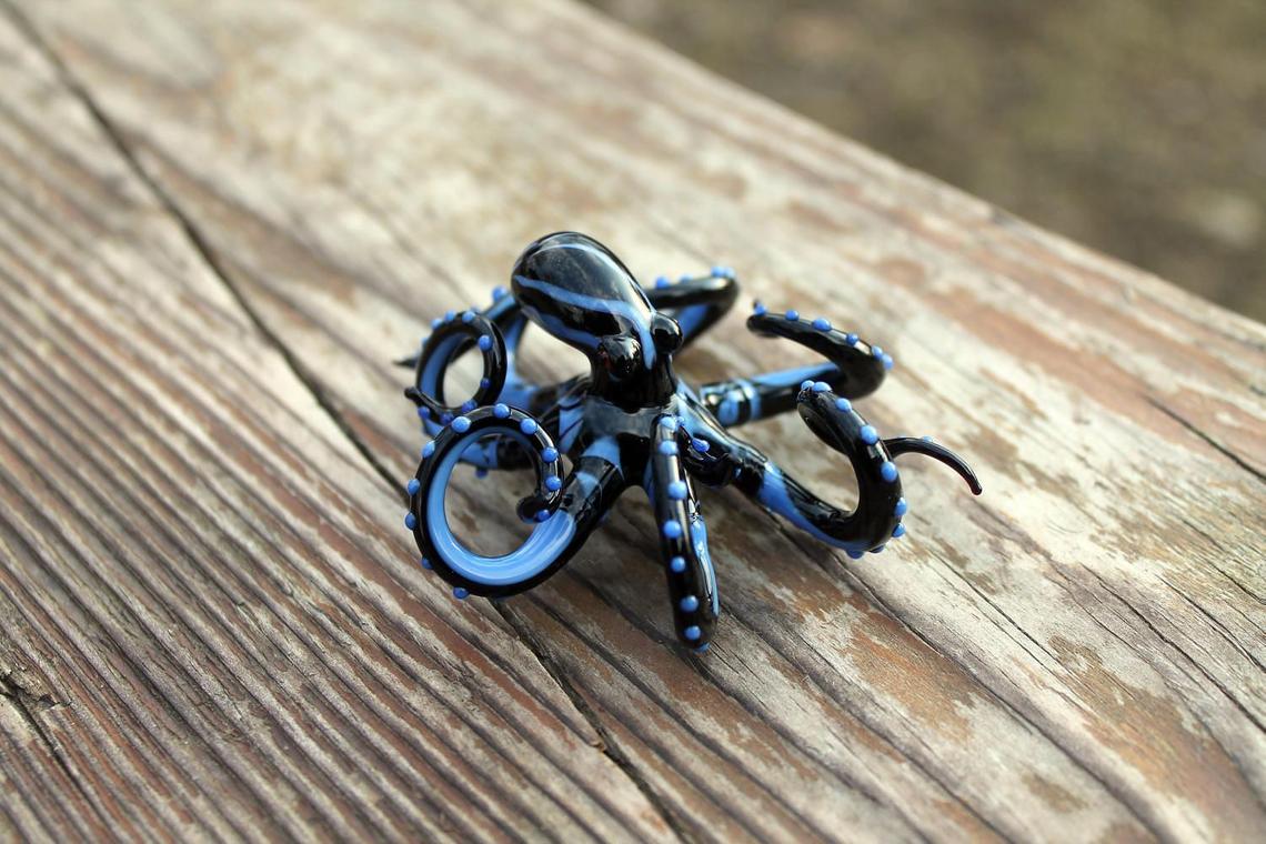Miniature Glass Octopus Figurine - Black With Blue Dots Design