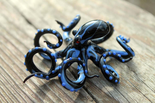 Miniature Glass Octopus Figurine - Black With Blue Dots Design