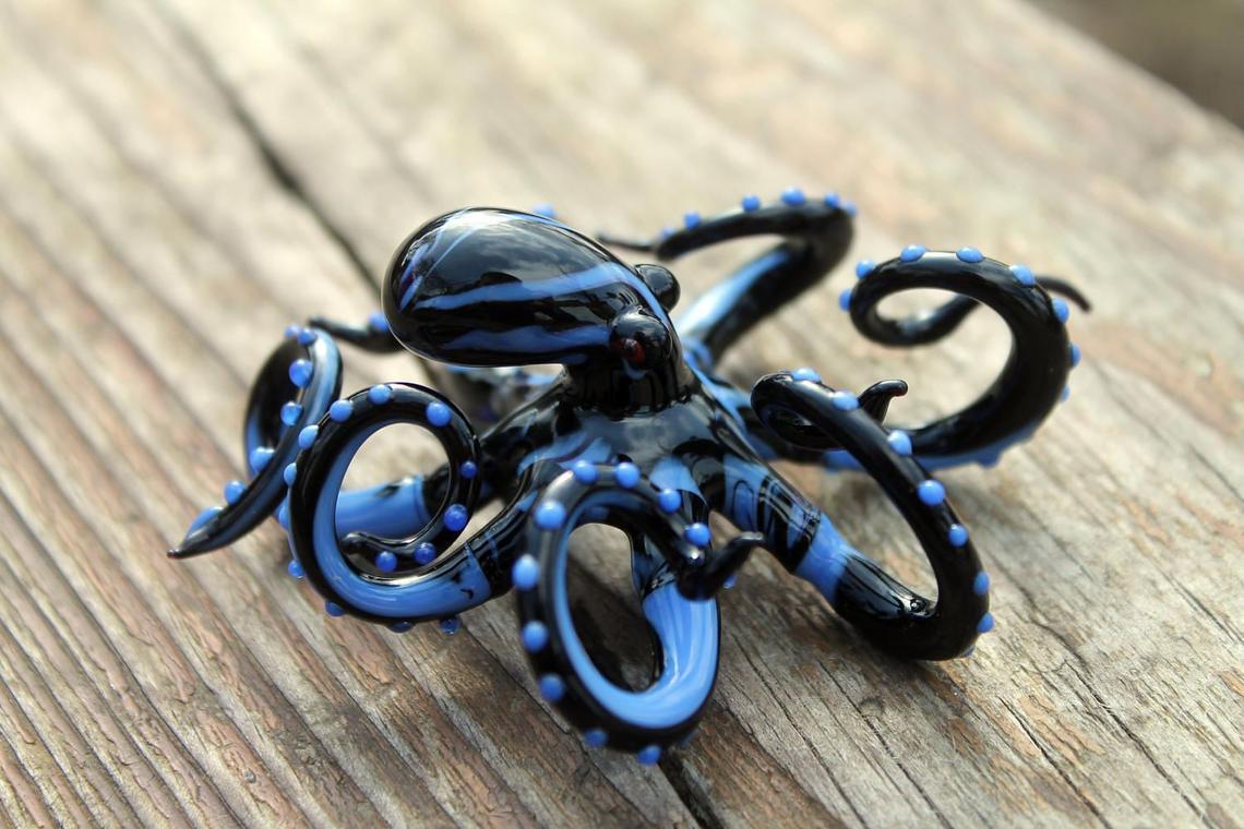 Miniature Glass Octopus Figurine - Black With Blue Dots Design