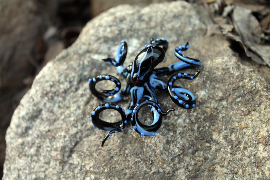 Miniature Glass Octopus Figurine - Black With Blue Dots Design