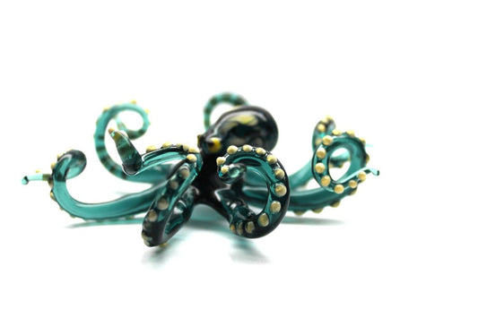 Handmade Green Glass Octopus Sculpture With Yellow Accents 8cm