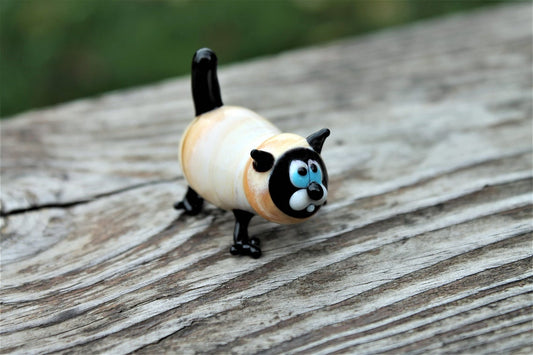 Cute Cream And Black Glass Cat – Small Hand Blown Figurine