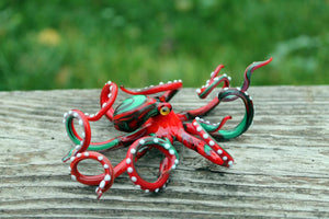 Red Green Blown Glass Octopus, Ocean, Octopus Sculpture