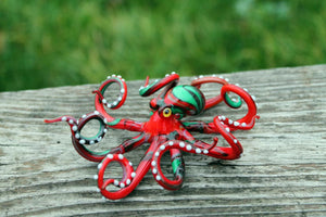 Red Green Blown Glass Octopus, Ocean, Octopus Sculpture