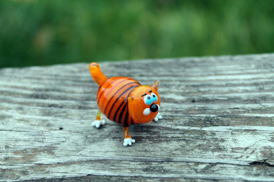 Funny Orange Glass Cat Figurine – Striped Murano Style Miniature