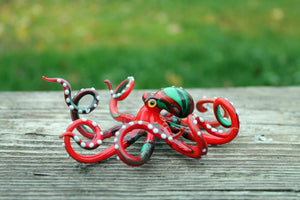 Red Green Blown Glass Octopus, Ocean, Octopus Sculpture