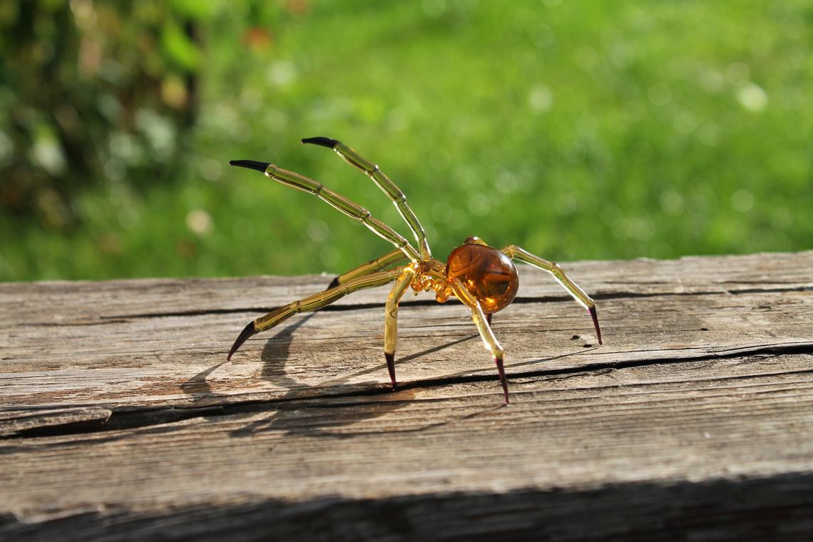 Amber Transparent Glass Spider Figurine With Black Tips