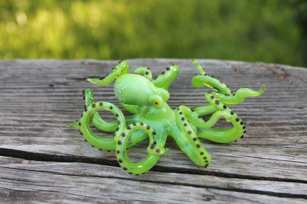 Green Blown Glass Octopus, Ocean, Octopus Sculpture