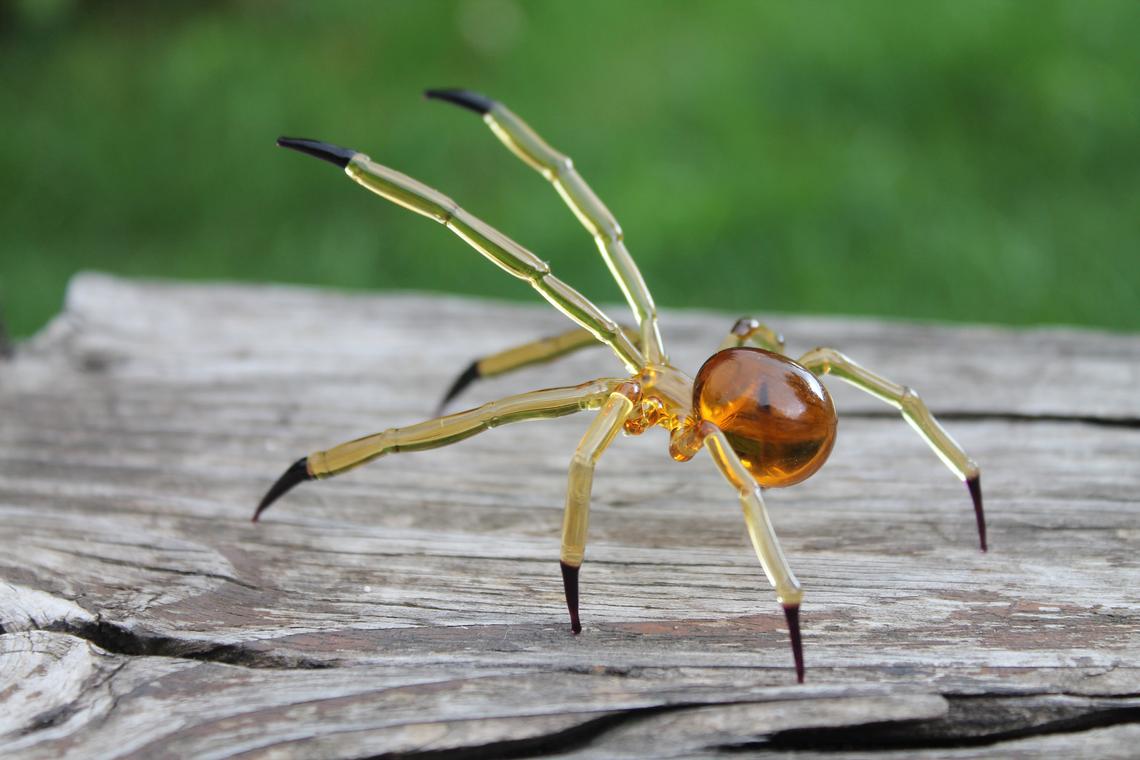 Amber Transparent Glass Spider Figurine With Black Tips