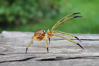 Amber Transparent Glass Spider Figurine With Black Tips