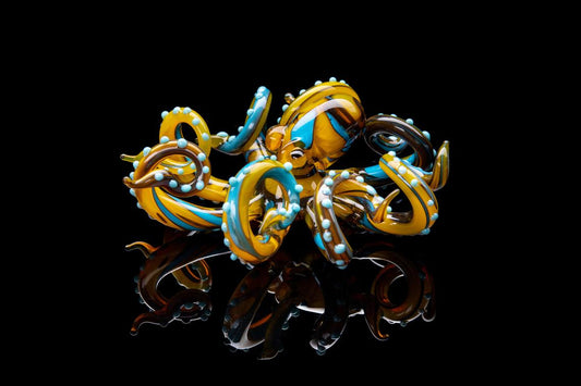 Handmade Yellow And Blue Glass Octopus Figurine Miniature 4.5cm