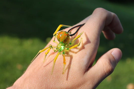 Green And Orange Glass Spider Pendant Necklace For Art Lovers