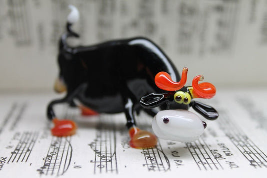 Black Murano Glass Cow Figurine With Red Horns And Yellow Eyes
