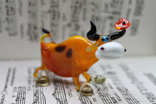 Orange Glass Cow Figurine With Heart - Handmade Murano Art Piece