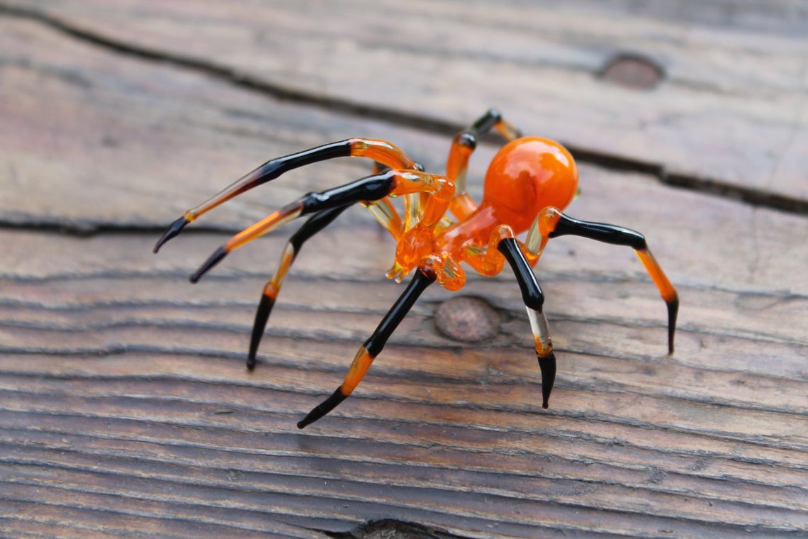 Orange And Black Glass Spider Figurine – Halloween Art Sculpture
