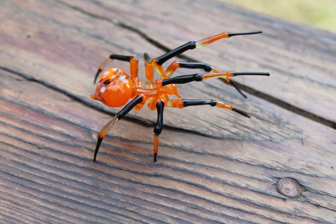 Orange And Black Glass Spider Figurine – Halloween Art Sculpture