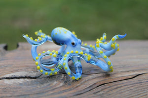 Sky Blue Yellow Blown Glass Octopus, Ocean, Octopus Sculpture