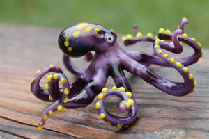 Purple Yellow Blown Glass Octopus, Ocean, Octopus Sculpture