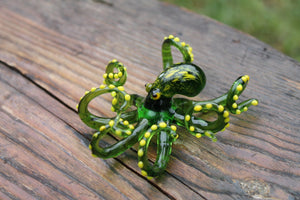 Green-Yellow Blown Glass Octopus, Ocean, Octopus Sculpture