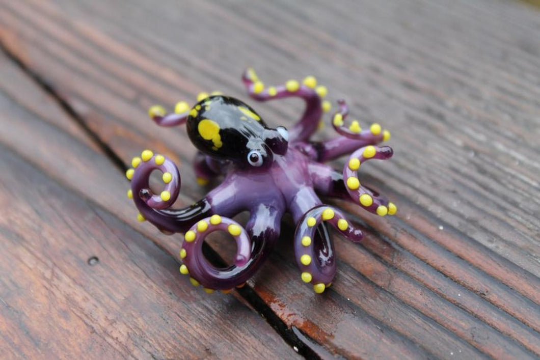 Purple Yellow Blown Glass Octopus Sculpture