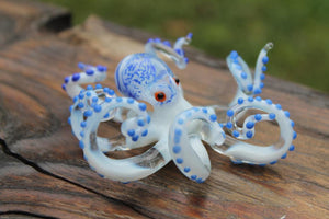 White Blue Blown Glass Octopus