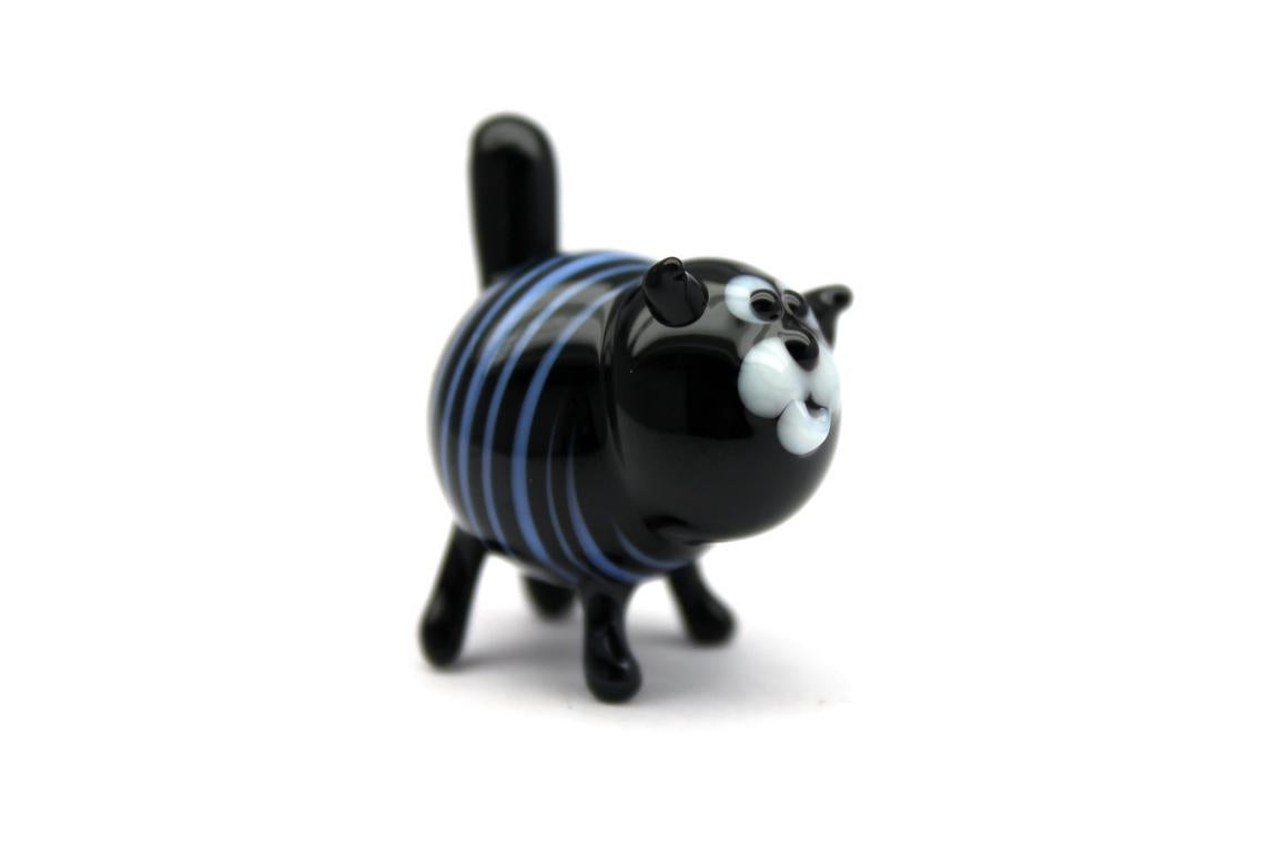 Mini Black Cat Figurine With Blue Stripes — Murano Glass Artwork