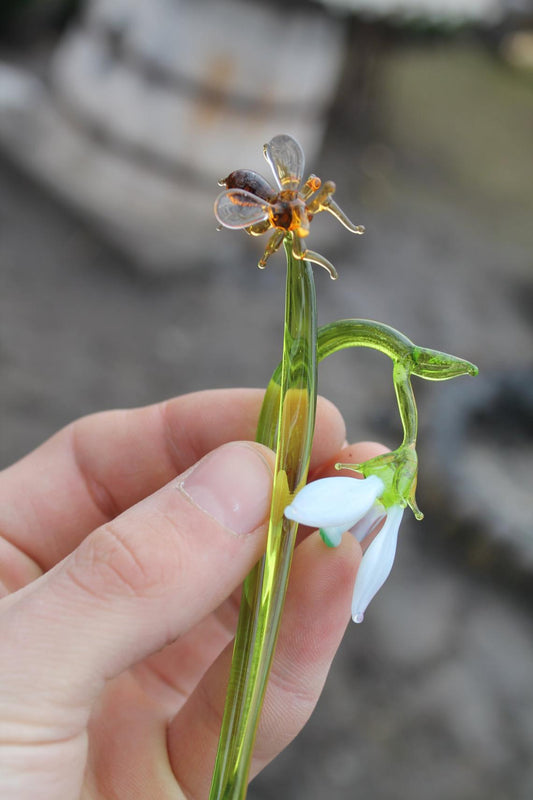 Glass Snowdrop Flower With Bee – Realistic Lampwork Home Decor