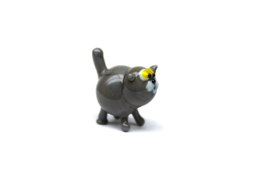 Mini Gray Glass Cat Figurine With Yellow Eyes — Collectible Art Gift
