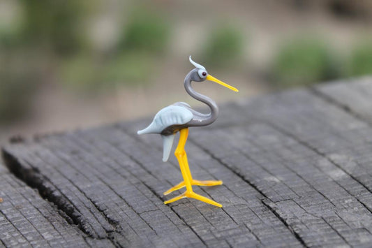 Miniature Gray Glass Heron Figurine - Hand Blown Murano Bird 5cm