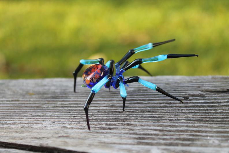 Blue And Black Spider Figurine With Orange Back – Glass Decor Piece