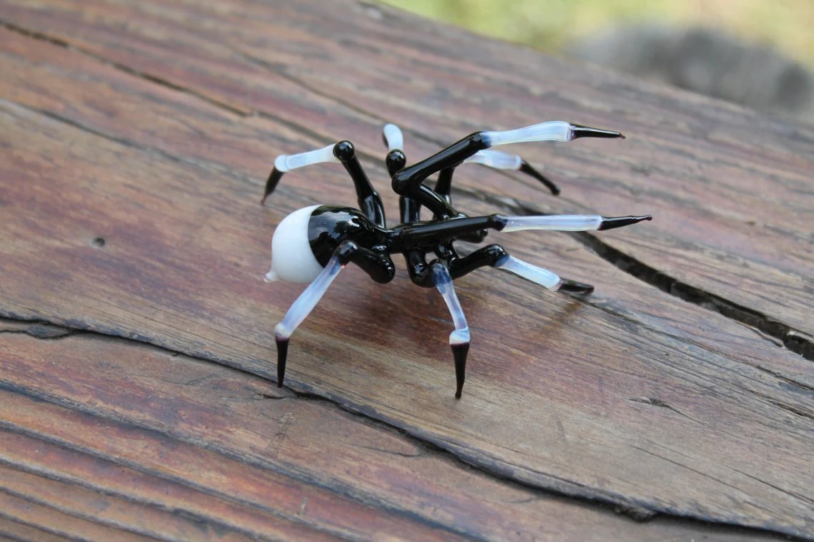 Black Glass Spider With Clear Legs – Murano Lampwork Figurine Gift