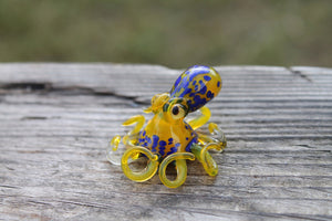 Deep Blue Yellow Blown Glass Octopus, Glass Octopus, Glass, Octopus, Ocean, Octopus Sculpture, Squid, Kraken, Sea, Cephalopod, Blown Glass, Octopus Figurine