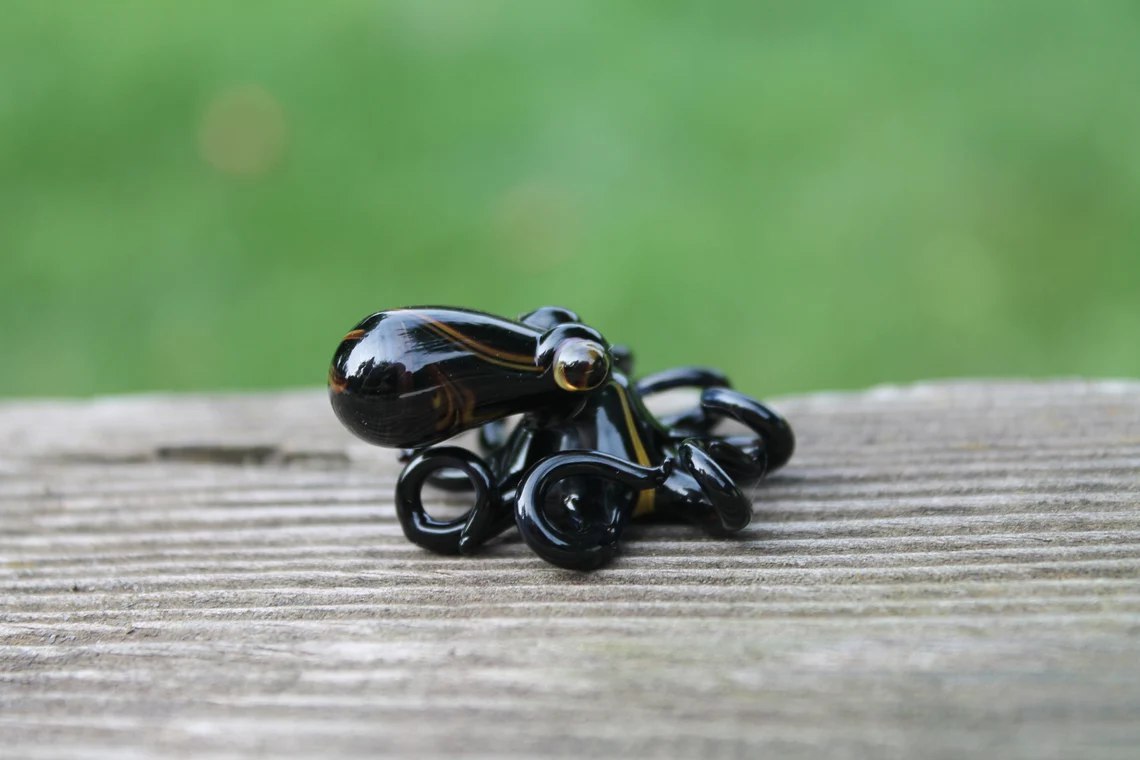Handmade Black Glass Octopus Figurine, Elegant Miniature Marine Decor