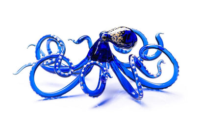 Deep Blue Blown Blown Glass Octopus Figurine In Deep Blue And Gold Glass Octopus