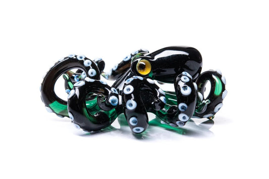 Blown Glass Black And Green Octopus Figurine - Handmade Ocean Sculpture