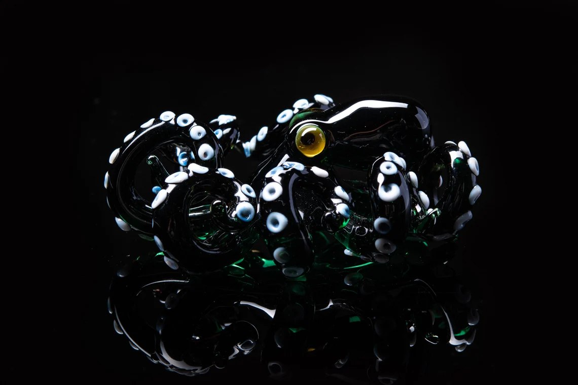 Blown Glass Black And Green Octopus Figurine - Handmade Ocean Sculpture