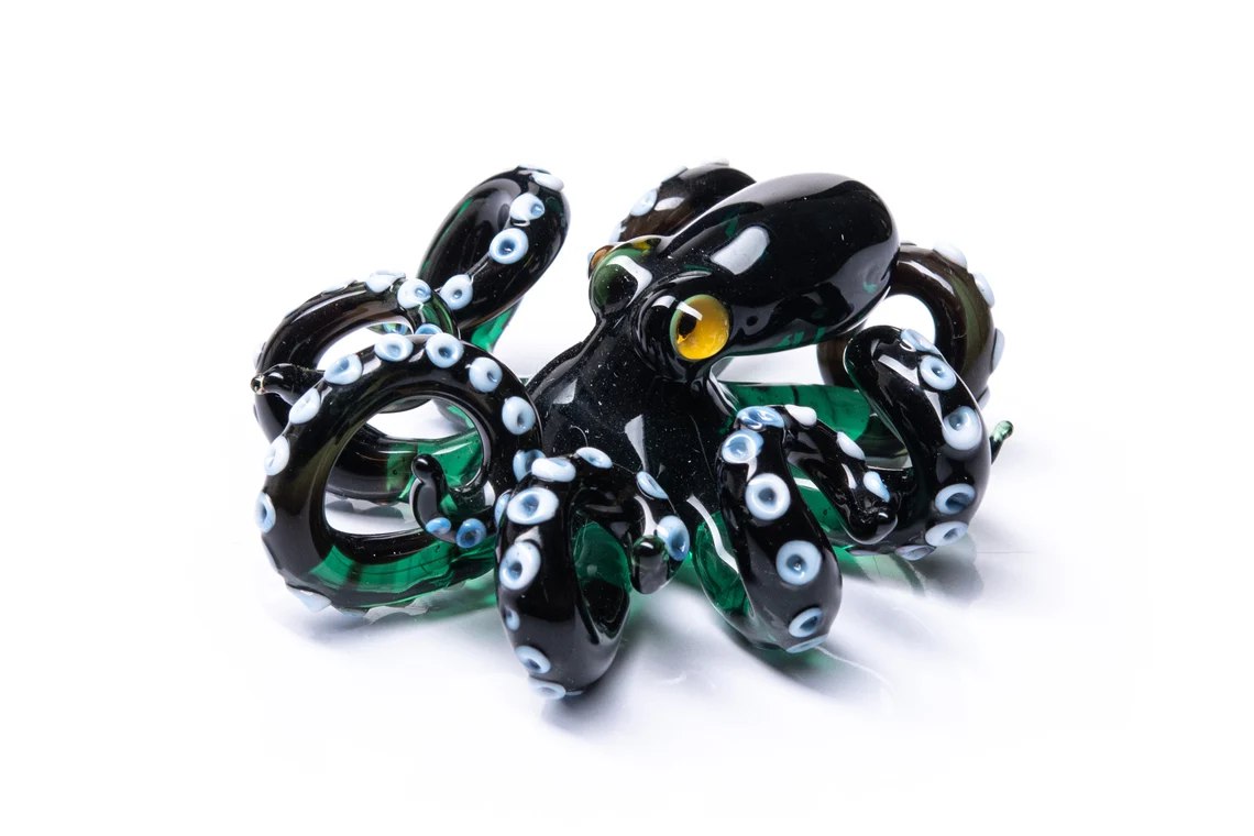 Blown Glass Black And Green Octopus Figurine - Handmade Ocean Sculpture