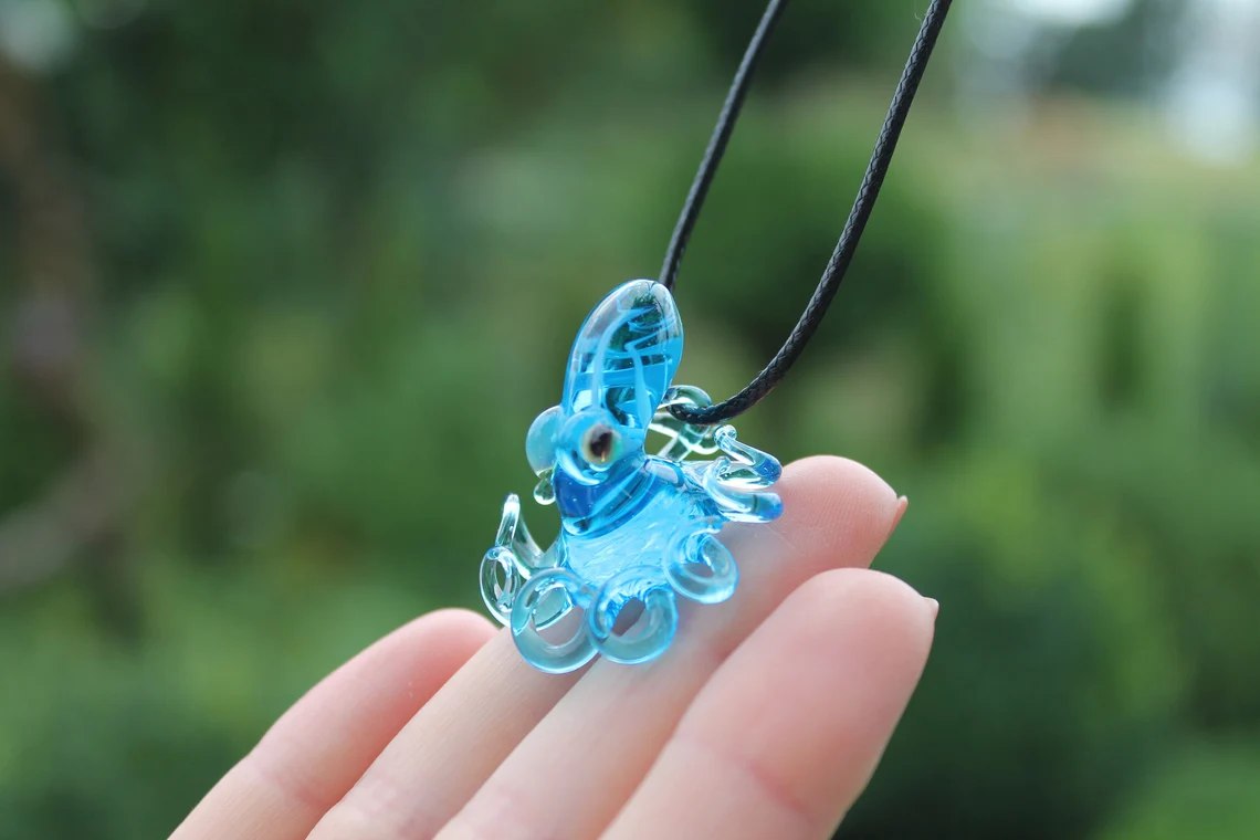 Blown Glass Octopus Figurine Blue Art Sculpture Miniature Sea Animal