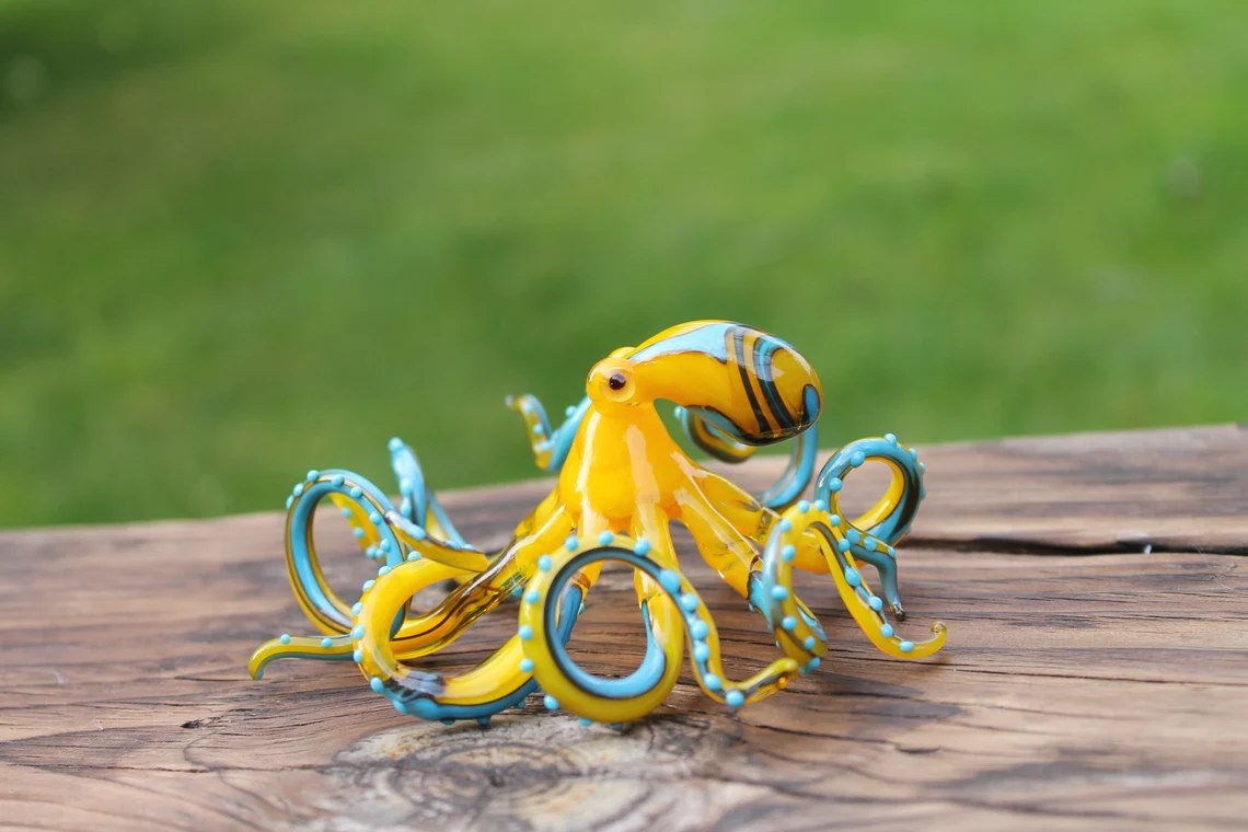 Handmade Yellow Glass Octopus Figurine, Intricate Sea Art Sculpture