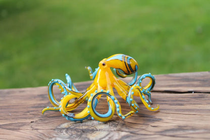 Handmade Yellow Glass Octopus Figurine, Intricate Sea Art Sculpture