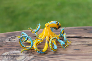 Blue Yellow Blown Glass Octopus, Glass Octopus, Glass, Octopus, Ocean, Octopus Sculpture, Squid, Kraken, Sea, Cephalopod, Blown Glass, Octopus Figurine