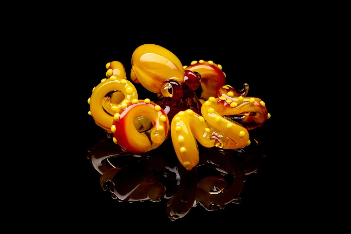 Bright Yellow And Red Glass Octopus Figurine Handmade Sea Animal Art