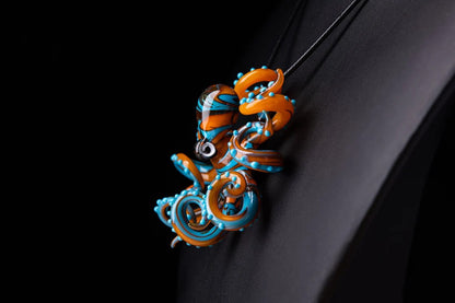 Vibrant Orange And Blue Glass Octopus Figurine Handmade Sea Life Decor