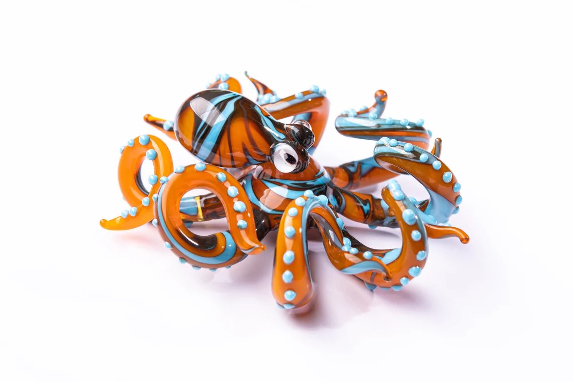 Vibrant Orange And Blue Glass Octopus Figurine Handmade Sea Life Decor