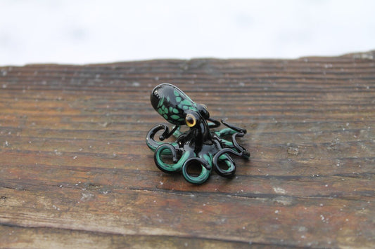 Black Green Blown Glass Octopus Handmade Black And Green Glass Octopus Figurine - Marine Life Art
