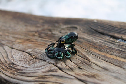 Black Green Blown Glass Octopus Handmade Black And Green Glass Octopus Figurine - Marine Life Art