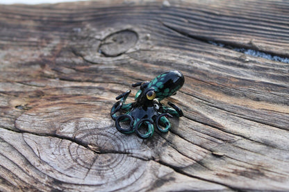 Black Green Blown Glass Octopus Handmade Black And Green Glass Octopus Figurine - Marine Life Art